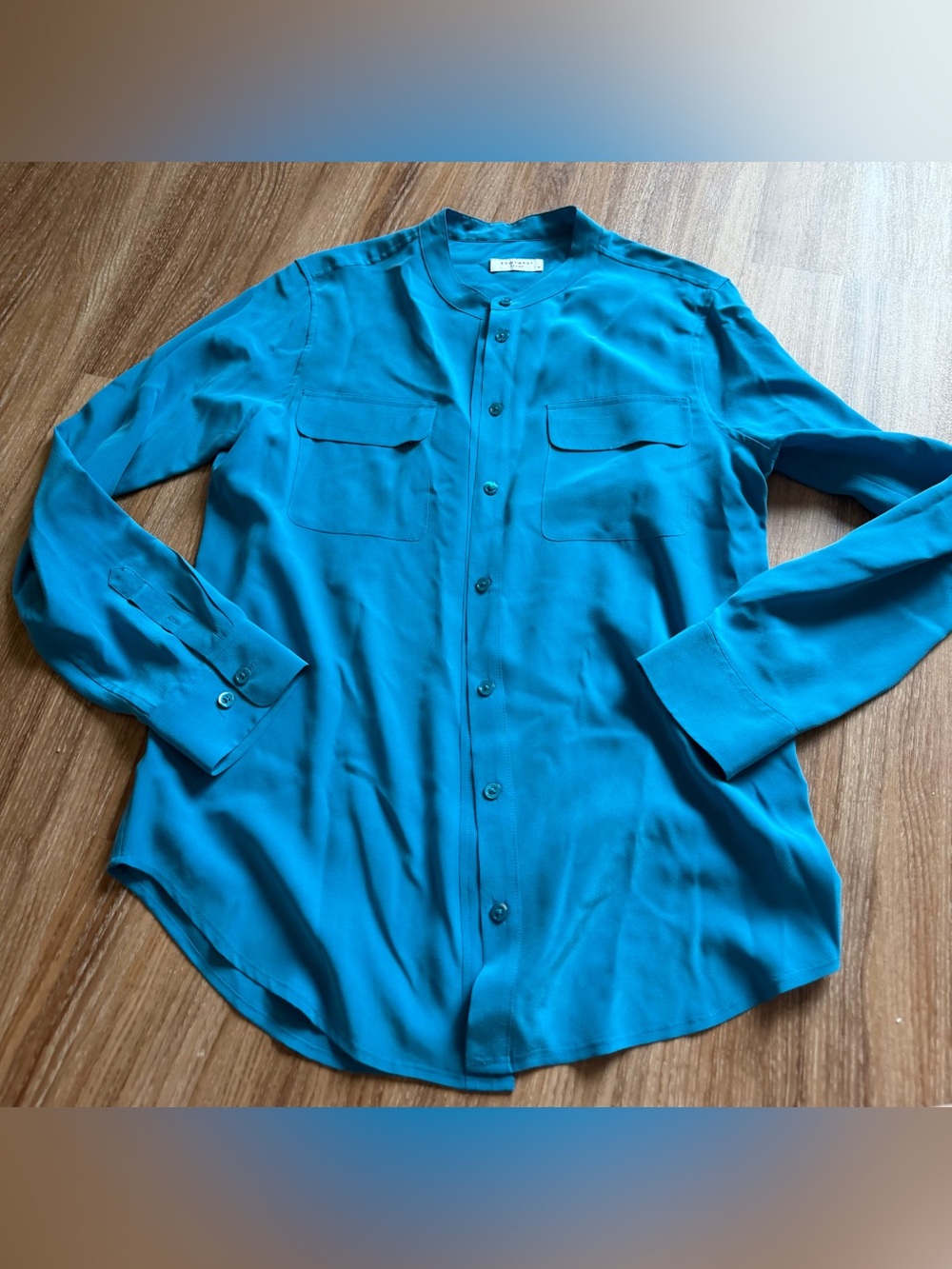 Equipment Turquoise Collarless Silk Button-Front Blouse